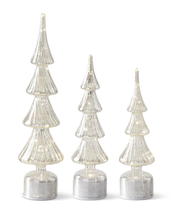 Rotating Ribbed Silver Mercury Glass LED Trees w/Timers 3 sizes