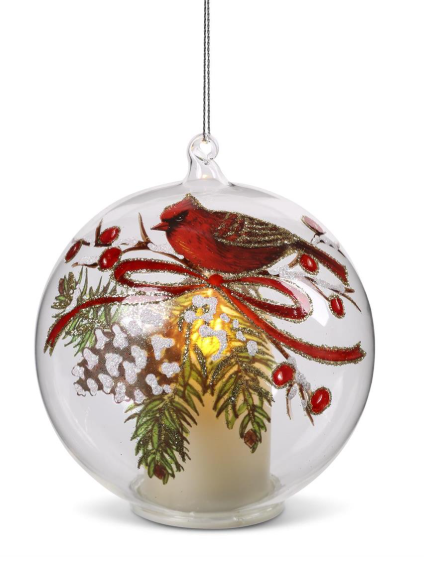 3.5 Inch LED Clear Glass Cardinal & Pinecone Ornament w/Timer