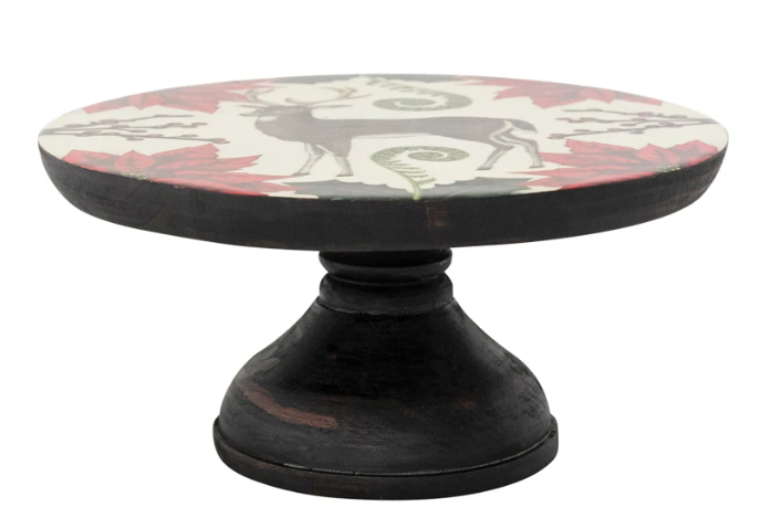 Enameled Mango Wood Pedestal with Seasonal Botanicals & Deer & Espresso Finish