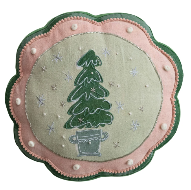 18" Round Cotton & Linen Scalloped Printed Pillow with Embroidery, Beads & Pom Pom Trim