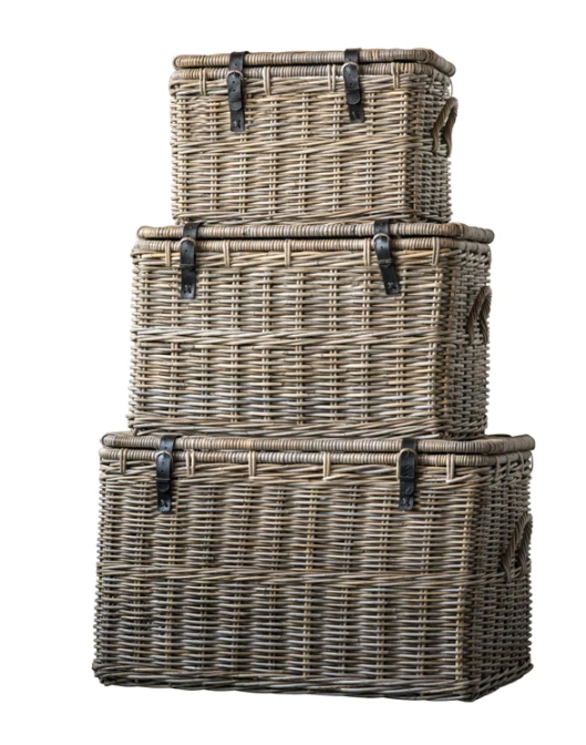 Baskets with Lids and Leather Buckles,  3 sizes
