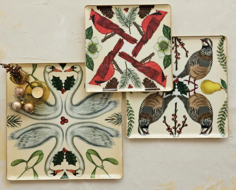 Enameled Metal Trays with botanicals and birds, 3 sizes and patterns