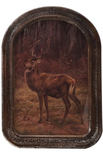 Framed Glass Arched Wall Décor w/ Vintage Stag(s)