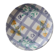 Hand-Painted Stoneware Plate with Grid Pattern & Botanicals