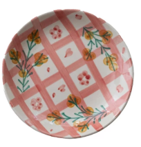 Hand-Painted Stoneware Plate with Grid Pattern & Botanicals