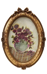 Pewter & Glass Oval Photo Frames w/ Art, Brass Finish & Multi Color