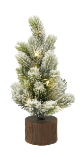 Plastic Tree with Faux Wood Slice Base & LED Light, Snow Finish, 3 Styles
