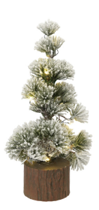 Plastic Tree with Faux Wood Slice Base & LED Light, Snow Finish, 3 Styles