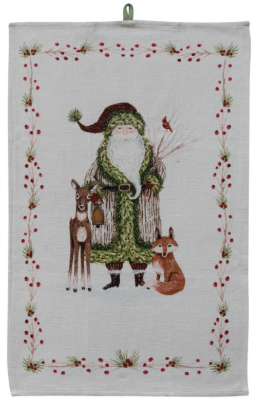 Cotton Printed Tea Towel with Santa & Berries Border, 3 Styles