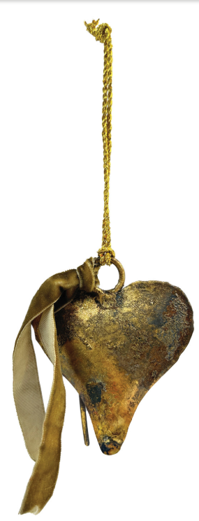Metal Heart Shaped Bell Ornament with Brown Velvet Ribbon, 2 Colors