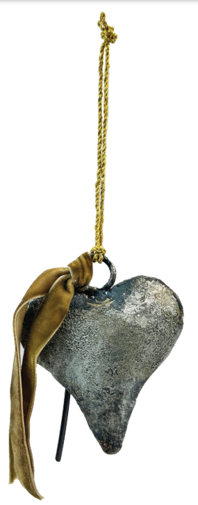 Metal Heart Shaped Bell Ornament with Brown Velvet Ribbon, 2 Colors