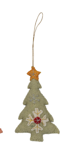 Handmade Wool Felt Tree Ornament with Star, Snowflake & Embroidery, 3 Colors