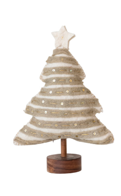 Wool Felt Christmas Tree with Applique, Pom Poms and Wood base