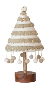 Wool Felt Christmas Tree with Applique, Pom Poms and Wood base