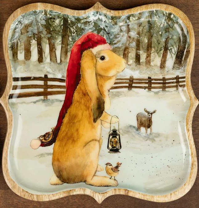 Mango Wood Tray Snowy Yuletide Animal Friends