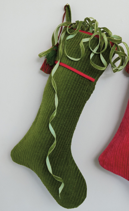Cotton Velvet Quilted Stocking with Tassels, Green & Red