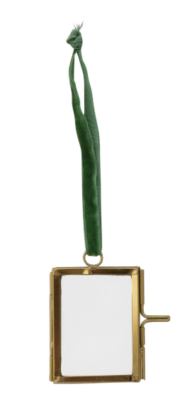 Brass & Glass Photo Frame Ornament with Velvet Ribbon Hanger, 3 Colors
