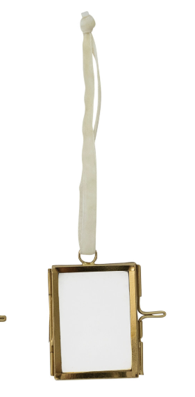 Brass & Glass Photo Frame Ornament with Velvet Ribbon Hanger, 3 Colors
