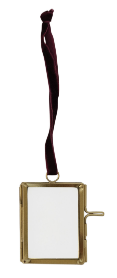 Brass & Glass Photo Frame Ornament with Velvet Ribbon Hanger, 3 Colors