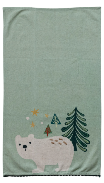 Cotton & Linen Printed Tea Towel with Embroidery & Mini Pom Pom Trim, 2 Styles