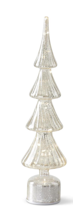 Rotating Ribbed Silver Mercury Glass LED Trees w/Timers 3 sizes