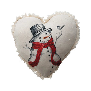 Heat shaped snowman pillow with French knots and fringe