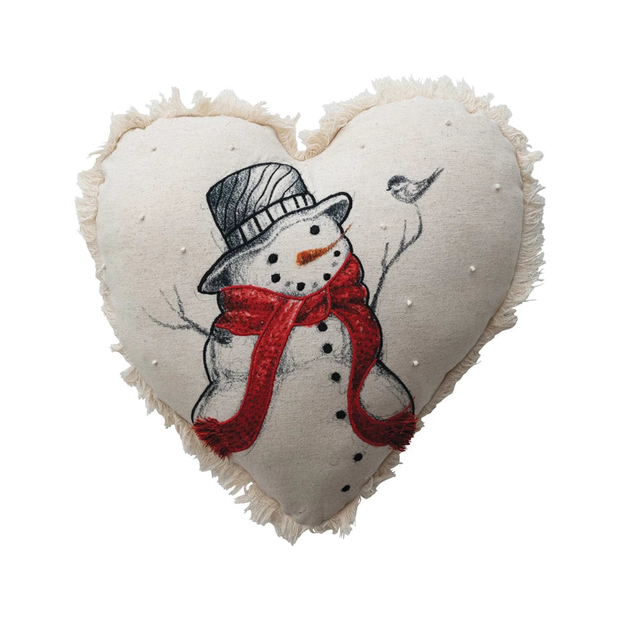 Heat shaped snowman pillow with French knots and fringe