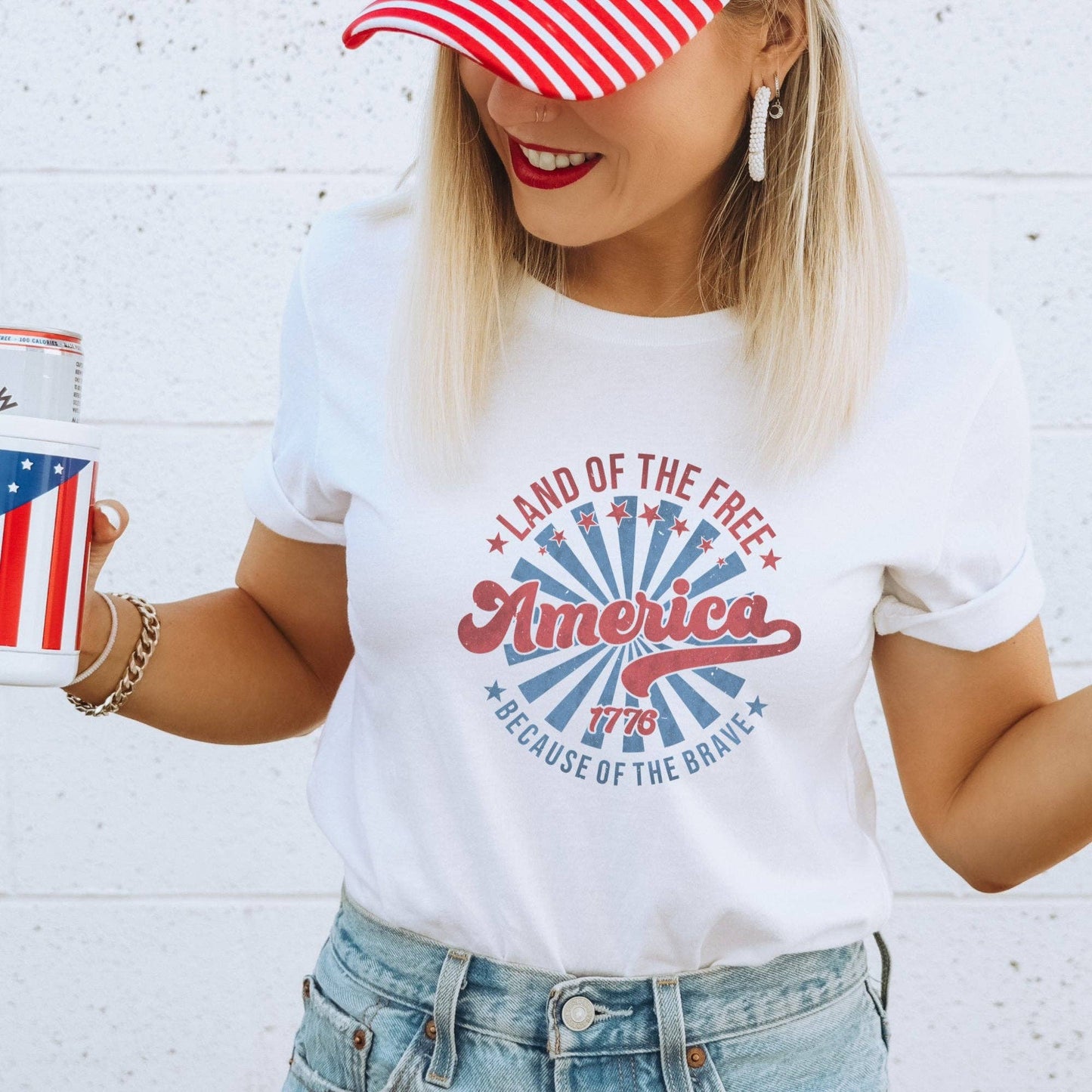 Retro Land of the Free Patriotic T-Shirt: Heather White / XLarge