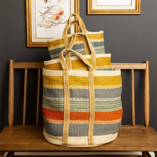 Jute Bag Tote - Tan, Rust, And Blue Striped 3 sizes