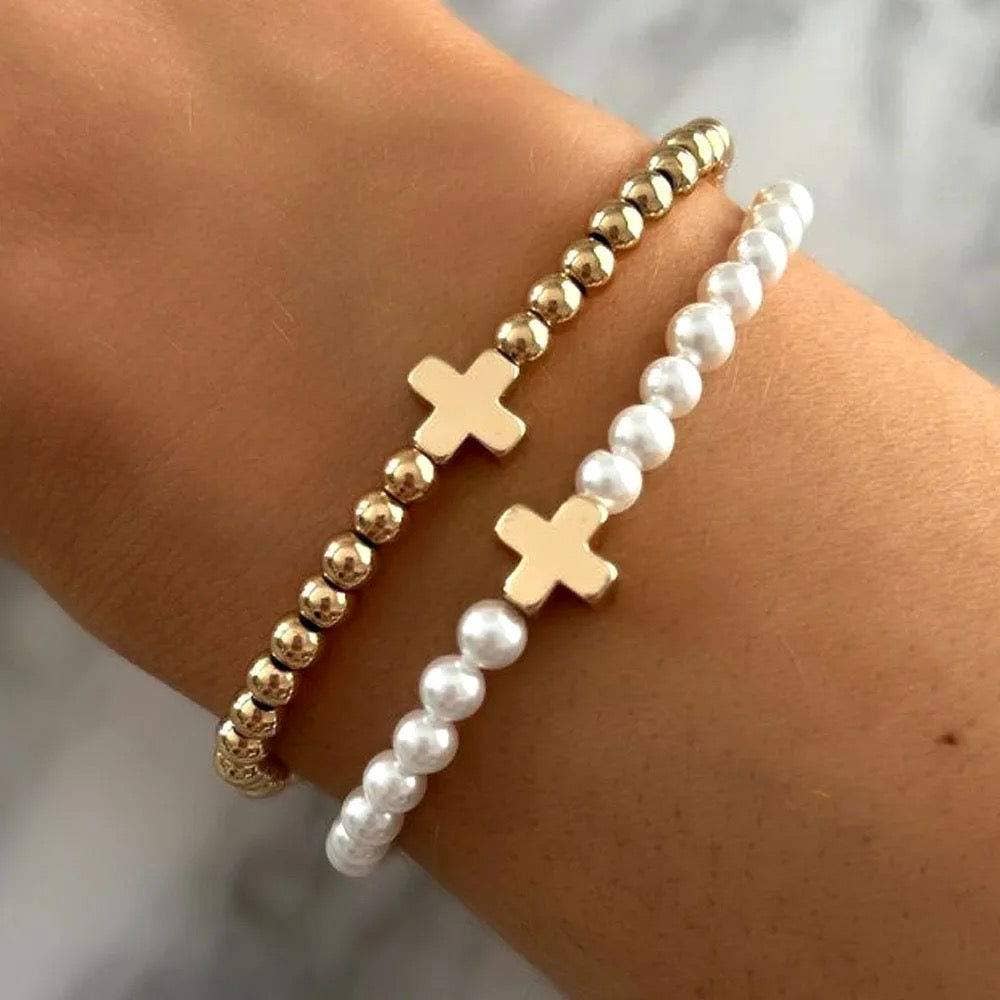 Gracie Cross Bracelet 14K Gold Plated Pearl Stretch: Gold