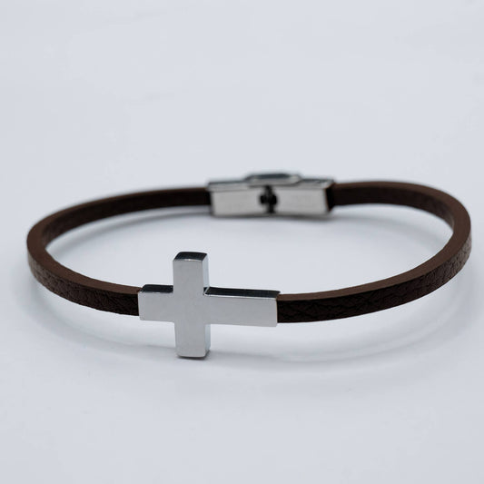 BROWN LEATHER CROSS BRACELET