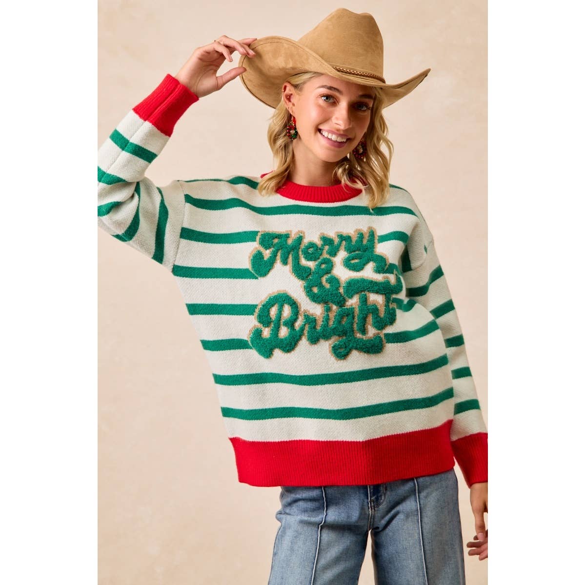 CHRISTMAS THEME STRIPE KNIT TOP: IVORY/RED / L