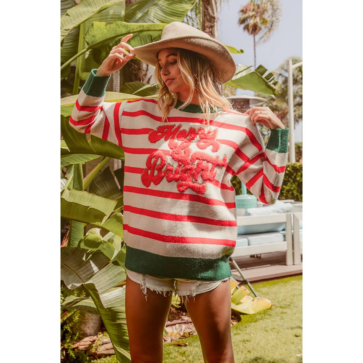 CHRISTMAS THEME STRIPE KNIT TOP: IVORY/RED / L
