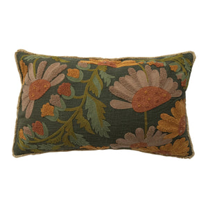 24x14 Cotton lumbar embroidered pillow w/ fringe