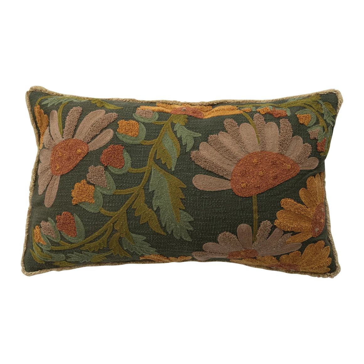 24x14 Cotton lumbar embroidered pillow w/ fringe