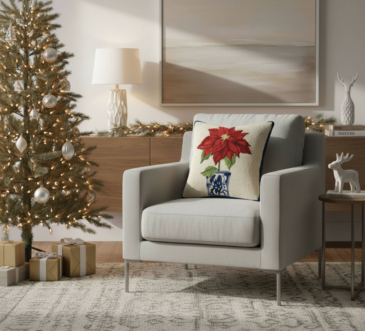 Holiday Chinoiserie Poinsettia Hook Pillow - Sally Eckman Roberts