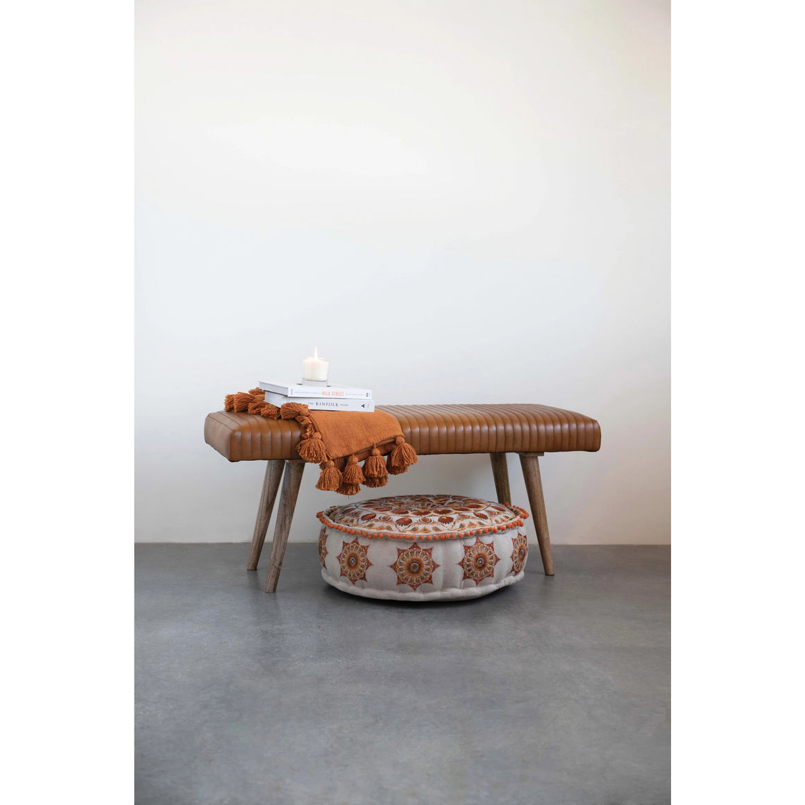 Upholstered Leather and Mango Wood Bench