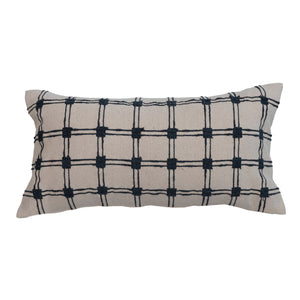 Cotton Slub Embroidered Lumbar Pillow w/ Grid Pattern, Blue & Natural