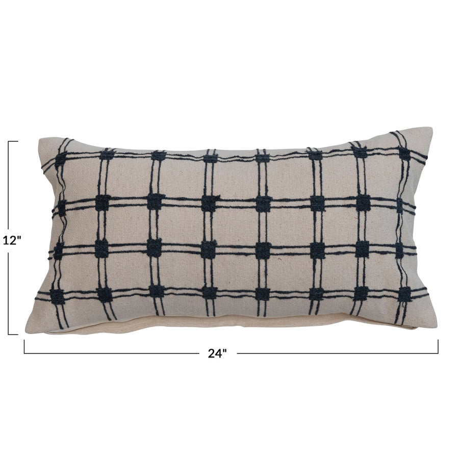 Cotton Slub Embroidered Lumbar Pillow w/ Grid Pattern, Blue & Natural