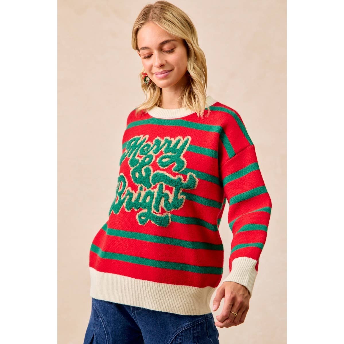 CHRISTMAS THEME STRIPE KNIT TOP: IVORY/RED / L