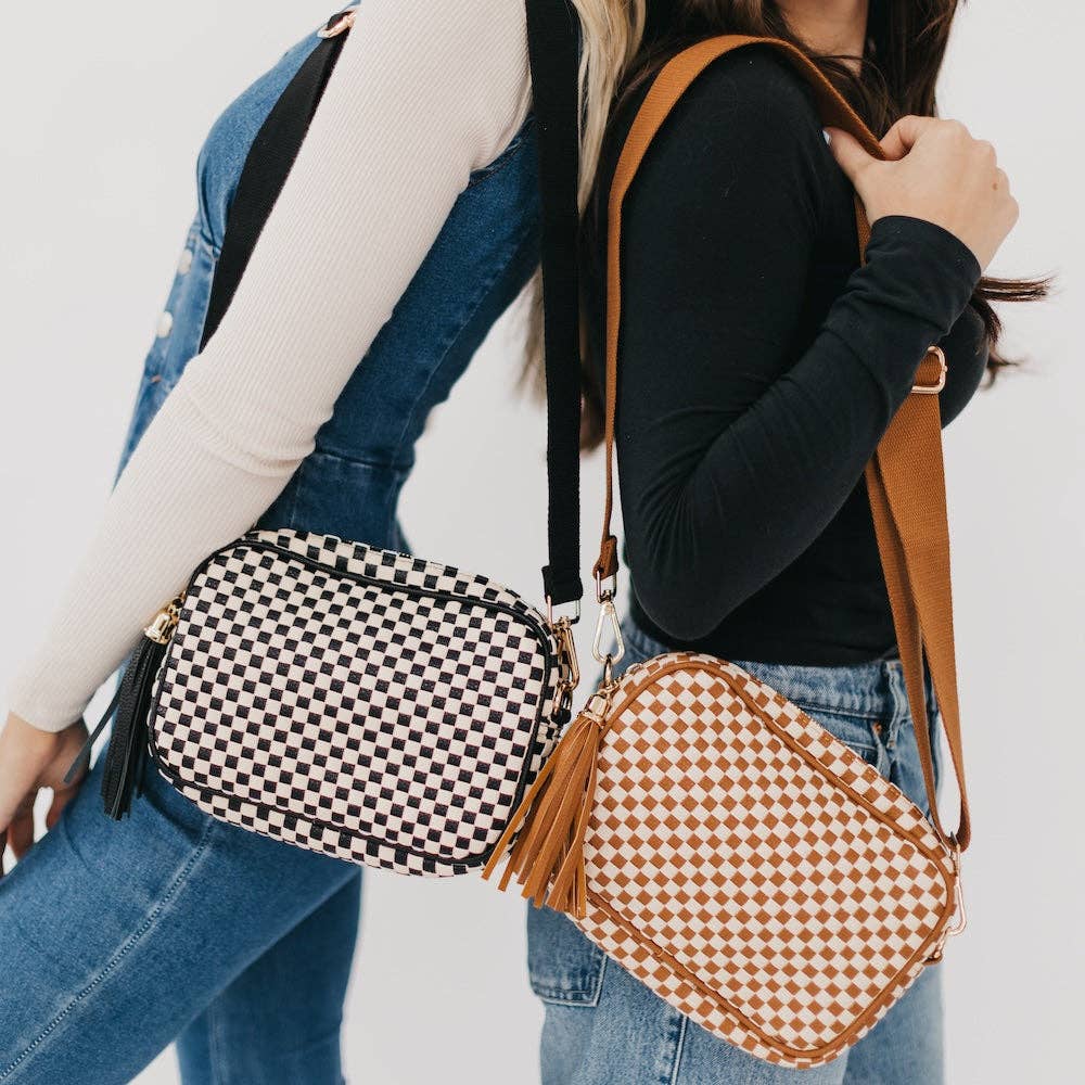 Woven Willow Camera Crossbody Bag: Checkered Coffee
