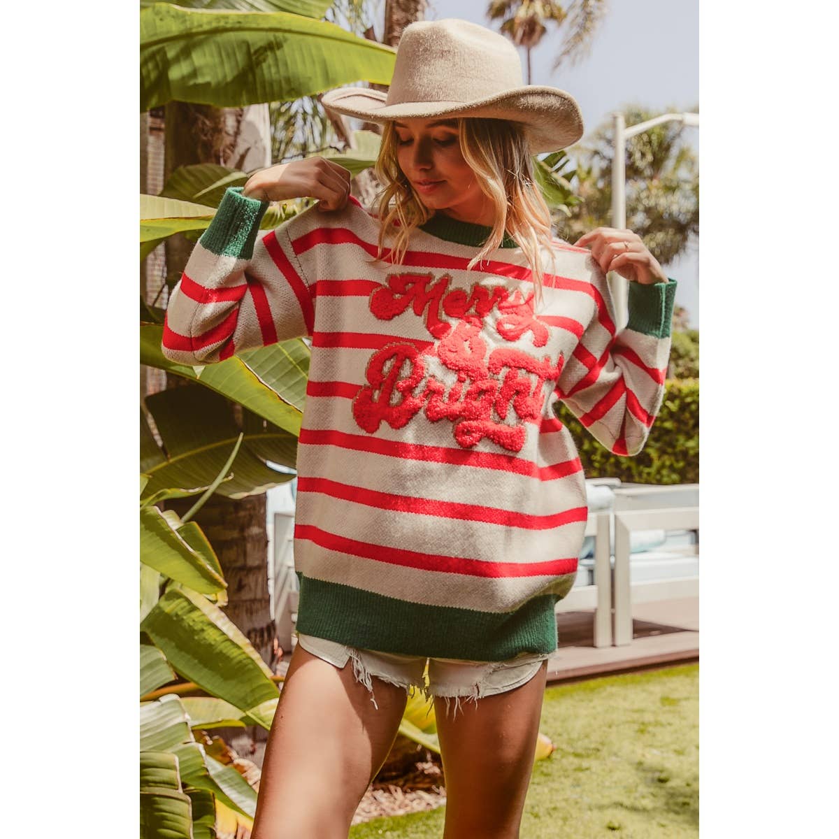 CHRISTMAS THEME STRIPE KNIT TOP: IVORY/RED / L