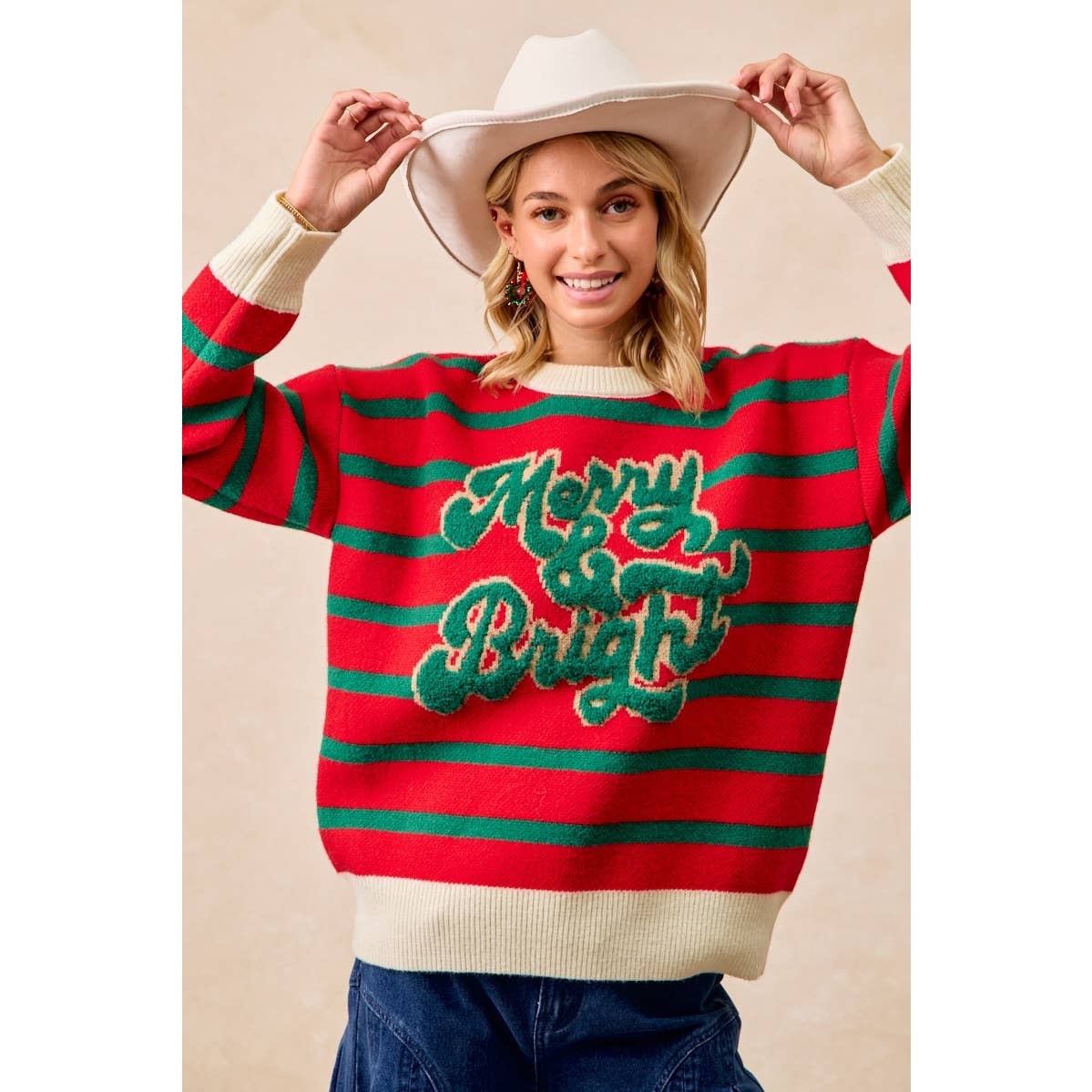 CHRISTMAS THEME STRIPE KNIT TOP: IVORY/RED / L