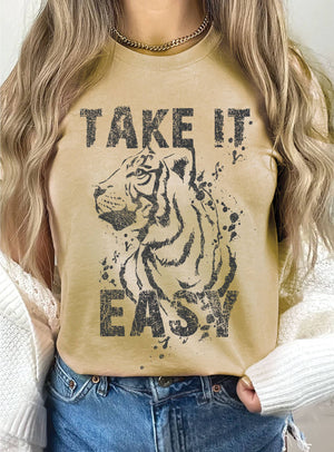TAKE IT EASY TIGER GRAPHIC TSHIRTS: TAN
