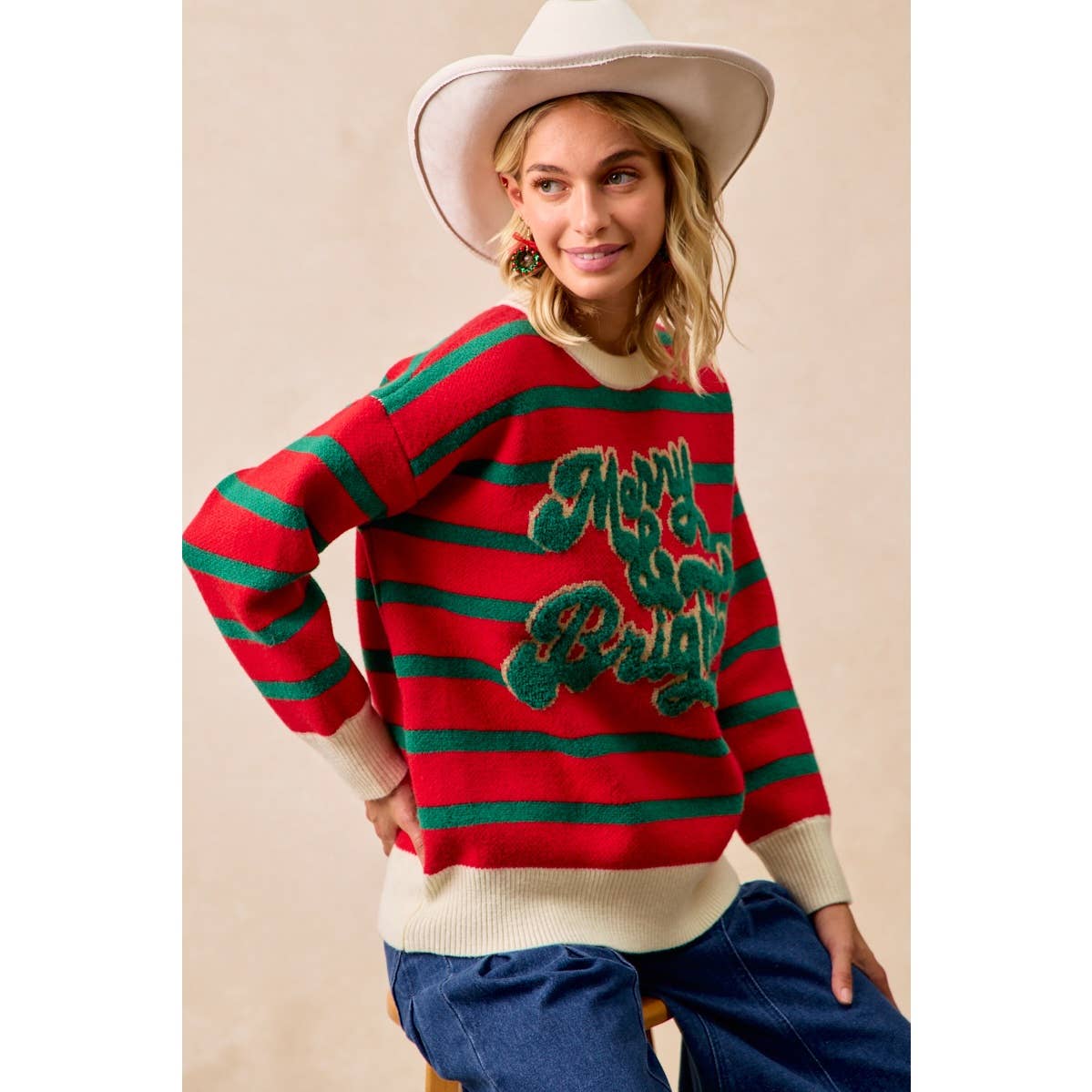 CHRISTMAS THEME STRIPE KNIT TOP: IVORY/RED / L