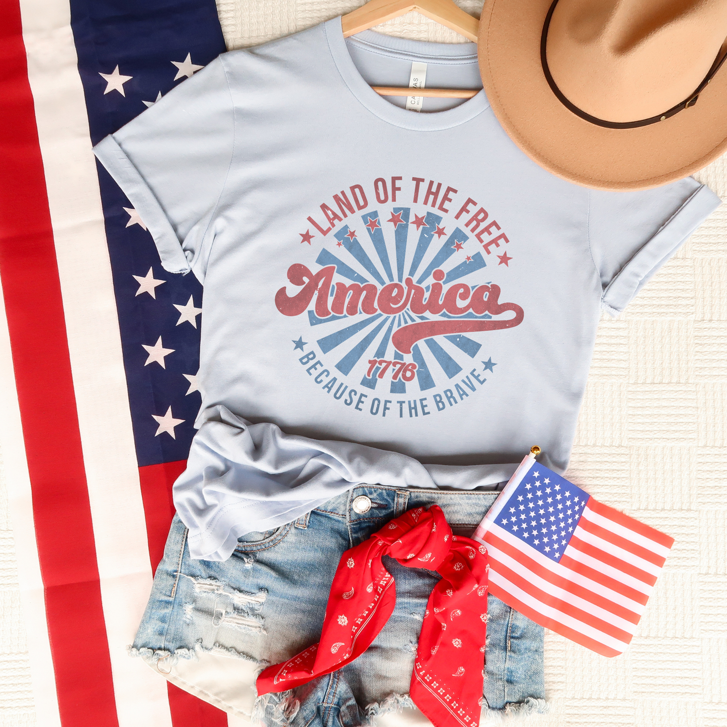 Retro Land of the Free Patriotic T-Shirt: Heather White / XLarge