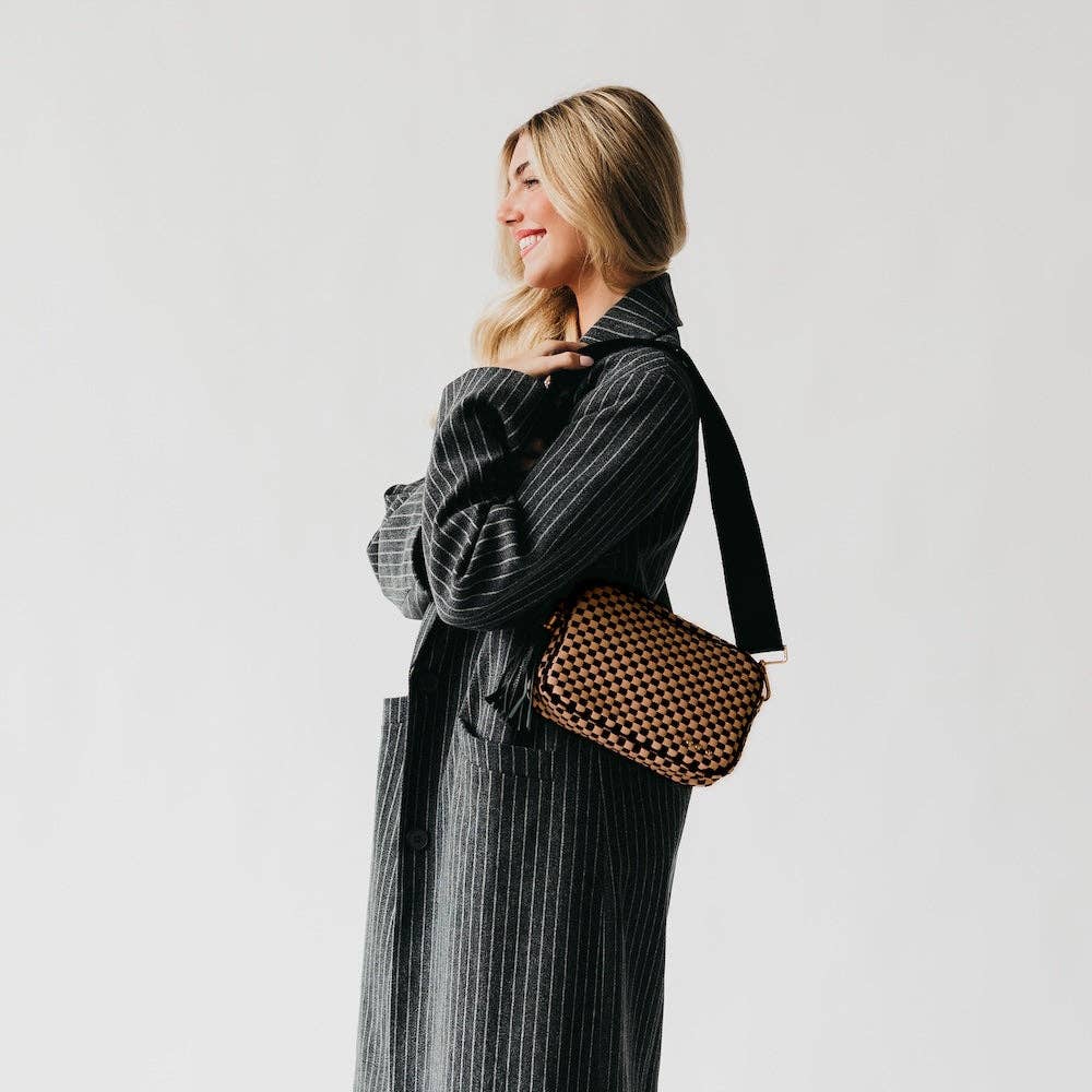 Woven Willow Camera Crossbody Bag: Checkered Coffee