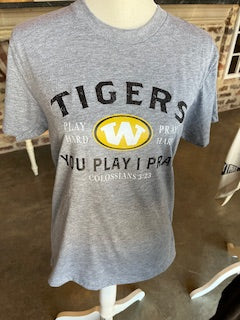 Tigers Play Hard Pray Hard Gray Tee