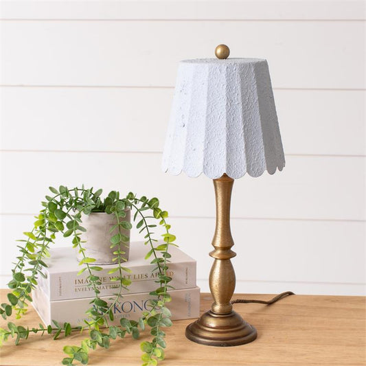 Brass metal lamp with blue metal lampshade
