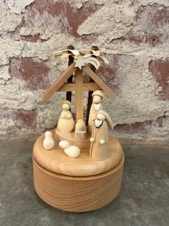 Wood Wind-Up Nativity Music Box, Plays "Oh Holy Night"